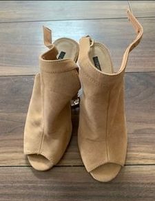 Beige suede open-toe block heel ankle boots: Size 4