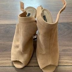 Beige suede open-toe block heel ankle boots: Size 4