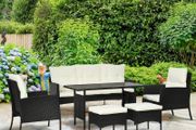 5 Seater Rattan Garden Furniture Set with Cushions, 6 Piece Patio Rattan Furniture Sofa Set with Armchairs, Footstools, Glass Table for Conservatory, Cream White