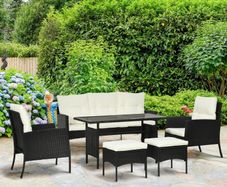 5 Seater Rattan Garden Furniture Set with Cushions, 6 Piece Patio Rattan Furniture Sofa Set with Armchairs, Footstools, Glass Table for Conservatory, Cream White