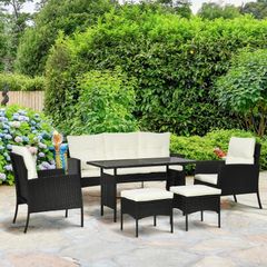 5 Seater Rattan Garden Furniture Set with Cushions, 6 Piece Patio Rattan Furniture Sofa Set with Armchairs, Footstools, Glass Table for Conservatory, Cream White