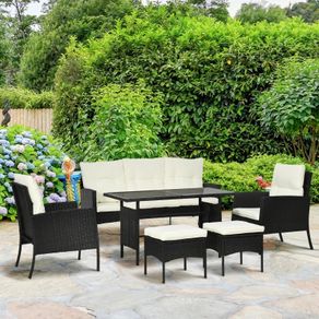 5 Seater Rattan Garden Furniture Set with Cushions, 6 Piece Patio Rattan Furniture Sofa Set with Armchairs, Footstools, Glass Table for Conservatory, Cream White