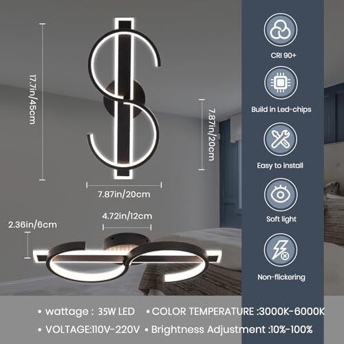 Modern Ceiling Lights LED, 45cm Black Dimmable Ceiling Lights Fixtures LED with Remote Control for Living Room Dining Room Bedroom Kitchen Hallway Offcie Indoor Light - 35W