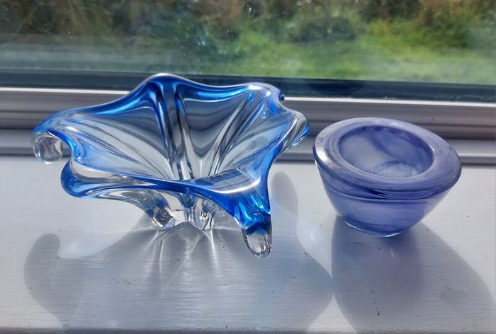 Fabulous Pair of Two Vintage Small Hand-Blown Art Glass Pieces in Shades of Bright Blue and Cornflower Blue, Sold as a Pair