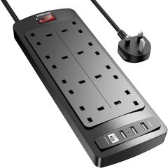 Extension Lead with 4 USB Slots 3.4A, 1 Type C and 3 USB-A Ports Power Strip Surge Protector with 8 way plug extension Socket and 2M Extension cord for Home Office Travel,Black