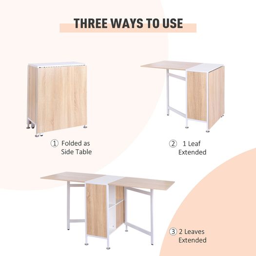 Folding Dining Table for 4 People, 169 cm Drop Leaf Table with Storage Shelves for Small Spaces, Kitchen, Dining Room, Oak & White