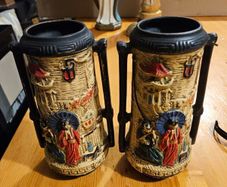 Vintage Cyples Old Pottery Oriental Vase Embosa Ware England Twin Handle Decorated