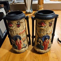 Vintage Cyples Old Pottery Oriental Vase Embosa Ware England Twin Handle Decorated