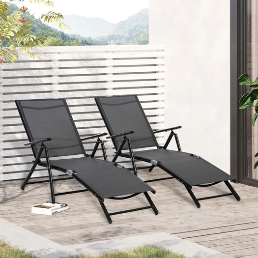 Set of 2 sun loungers, folding sun lounger, 7-position adjustable backrest, aluminum frame 64x134x95cm, black