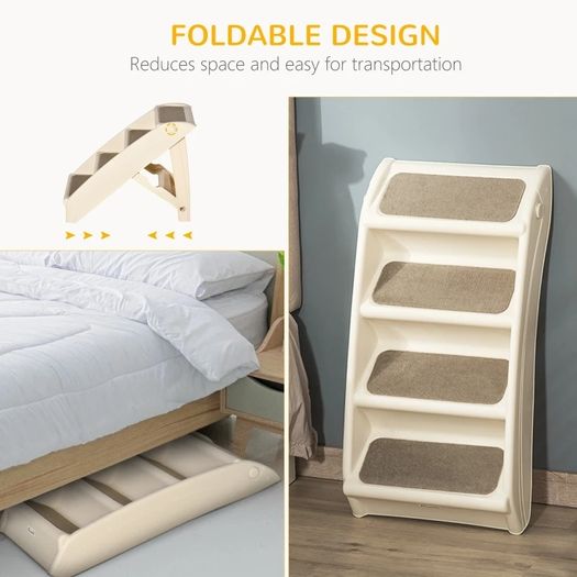 Foldable Four-Step Pet Stairs, for Cats, Small Miniature Dogs, with Non-Slip Mats 62 x 38 x 49.5cm Beige