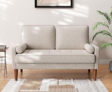 2-seater sofa, 121 cm, modern 2-seater couch with 2 throw cushions, small fabric sofa with armrests, buttoned seat cushions, guest sofa for living room/apartment/office, beige-grey