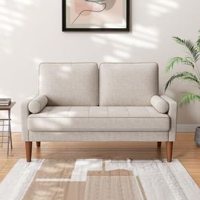 2-seater sofa, 121 cm, modern 2-seater couch with 2 throw cushions, small fabric sofa with armrests, buttoned seat cushions, guest sofa for living room/apartment/office, beige-grey