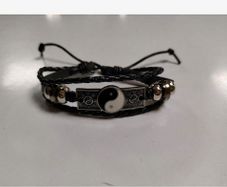 Leather Bracelet with Yin & Yang Charm, Hematite & Resin Beads - adjustable size