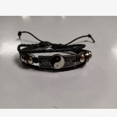 Leather Bracelet with Yin & Yang Charm, Hematite & Resin Beads - adjustable size