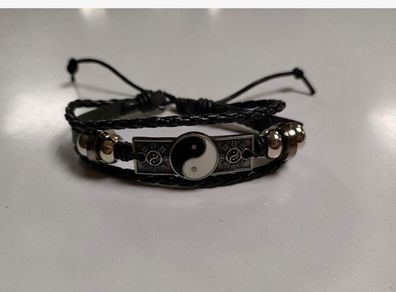 Leather Bracelet with Yin & Yang Charm, Hematite & Resin Beads - adjustable size