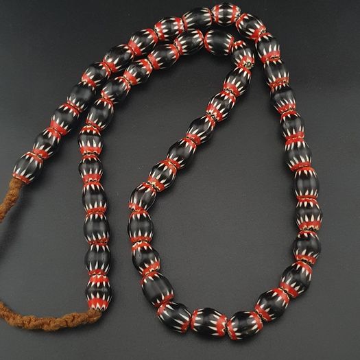 Antique Venetian Style Black Chevron Glass Beads Necklace Strand