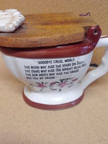 Vintage ( Goodbye Cruel World ) Ceramic Toilet with Wooden Lid