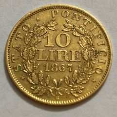 Vatican 1867 10 Lire Gold Coin Papal State  Pius IX Rare