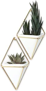 Trigg Hanging Planter Vase & Geometric Wall Decor Concrete Container - Great For Succulent Plants, Air Plant, Mini Cactus, Faux Plants and More, Set of 2, Small, White/Brass
