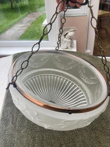 Vintage Art Deco Fluted White Opaque Glass and Copper Ceiling Light