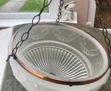 Vintage Art Deco Fluted White Opaque Glass and Copper Ceiling Light
