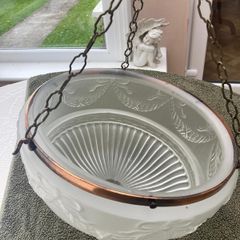 Vintage Art Deco Fluted White Opaque Glass and Copper Ceiling Light