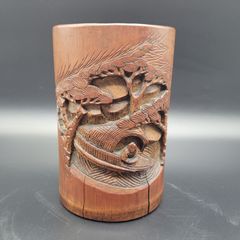Chinese Qing 19th Century Carved Bamboo Brush Pot