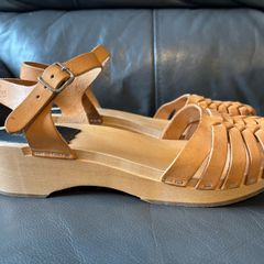 Swedish Hasbeens Tan Leather Woven Clog Sandals EU 39