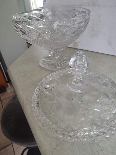 REAR  vintage GALWAY trinity knot  large Vintage Cut crystal pedestal bowl, heavy lead crystal and lid