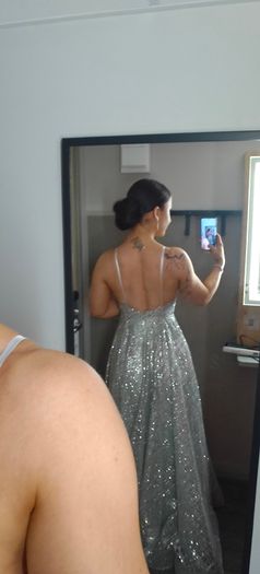 Stunning silver low back formal dress with lace & glitter detail