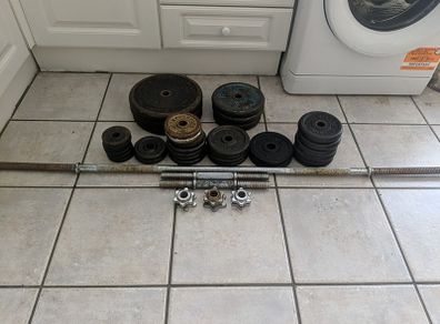 Complete 86.25kg Solid Cast Iron Weight Set  Barbell & Dumbbells Bundle