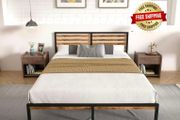 King Bed Frame, Vintage Wooden Headboard, Metal Platform Base, Steel Slatted Support, No Spring Mattress Required