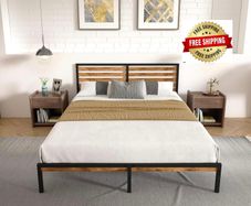 King Bed Frame, Vintage Wooden Headboard, Metal Platform Base, Steel Slatted Support, No Spring Mattress Required