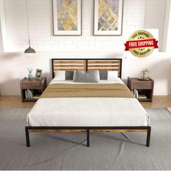 King Bed Frame, Vintage Wooden Headboard, Metal Platform Base, Steel Slatted Support, No Spring Mattress Required