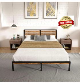 King Bed Frame, Vintage Wooden Headboard, Metal Platform Base, Steel Slatted Support, No Spring Mattress Required