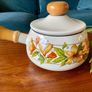 Vintage Enamel Lidded Saucepan Pot with Wooden Handle Autumnal Leaf Design Image 3