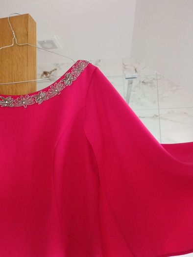 Boutique Spanish designer Sonia Pena coral pink cape drapes kimono sleeves dress beaded diamante neck S 10 occasion party wedding