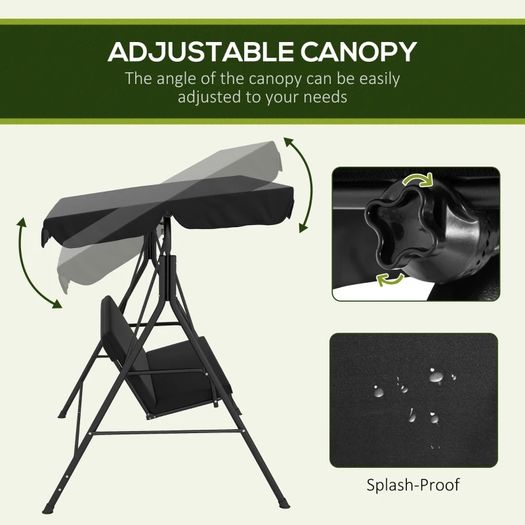 Three-Seater Garden Swing Chair, with Adjustable Canopy - Black