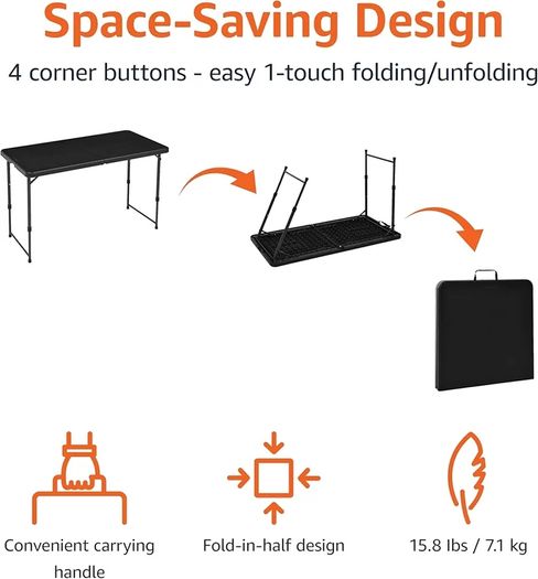 Basics 4-Foot Folding Table with Adjustable Height, Lightweight Portable Folding Tables for Indoor & Outdoor, Auto-Locking Legs, Carrying Handle, 121.4 x 60.7 x 86.1 cm, Black