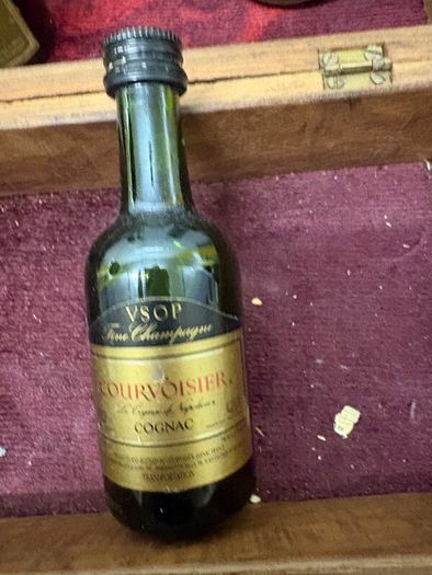 Vintage Miniature Drinks Bottles, Travel Cup and Wooden Box