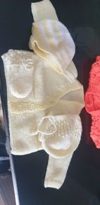 Hand knit baby cardigan 2 hats and mitts