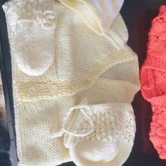Hand knit baby cardigan 2 hats and mitts