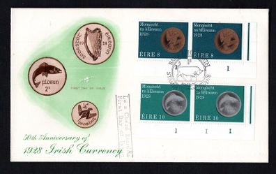 1978 Ireland 50th Anniversary of Ireland's First Coinage in 1928 Commemorative Stamps 8p & 10p Plate Block of 2 Illustrated Hibernian First Day Cover (FDC)