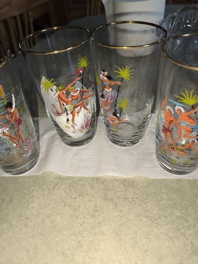 SET of  4 vintage charm to your collection with this delightful 1950s enamelled dancing figure drinking glass or tumbler.
