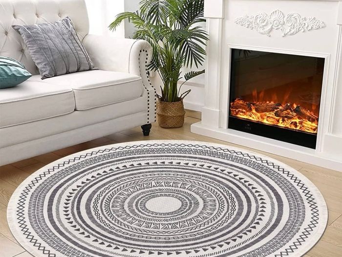 Round Rug Bohemian 4FT/120cm Circle Area Rug Cotton Rug Washable Round Rug Geometric Pattern Printed Hand Woven Carpet with Tassels Floor Mat for Kitchen Living Room Laundry Playroom (FREE POSTAGE)