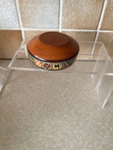 Vintage Handpainted Terracotta Ashtray & Round Carved Wooden Handpainted Trinket Box