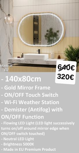 LED Bathroom Mirrors Speakers Demister Antifog Weather Station Clock Dual LED Sensor Touch