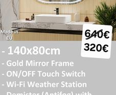LED Bathroom Mirror 140x80cm Gold Antifog Demister Weather Station Premium Product