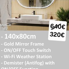 LED Bathroom Mirror Gold Demister Defogger Bright Wi Fi Weather Station Makeup Cosmetic Made in EU Neutral LED Light