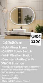 LED Bathroom Mirror Fog Free Gold 140x80cm Makeup Vanity Cosmetic Wi-Fi Weather Station Touch Switch